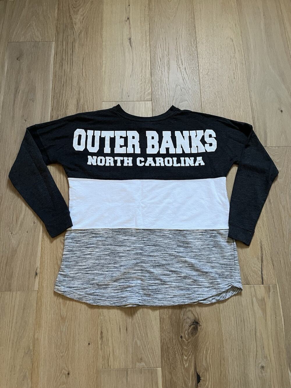 Outer Banks NC BIG SPELL OUT North Carolina Long Sleeve M Color Block Tee Shirt